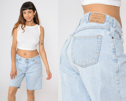 Y2K Eddie Bauer High-Waisted Denim Shorts Blue Paint Distressed Men's 34