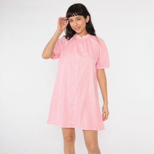 70s Pink Gingham Mini Dress Mandarin Collar Raglan Sleeve Small