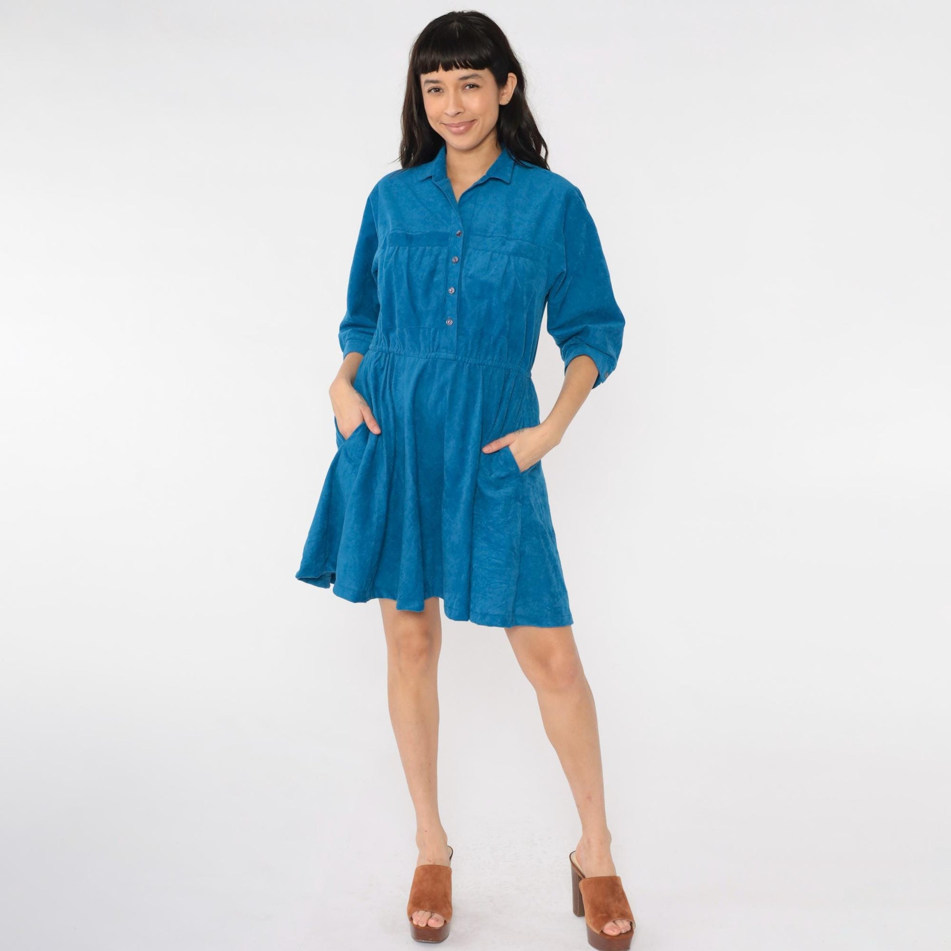 80s Blue Velour Mini Shirtdress High Waist Button Up A-Line Medium