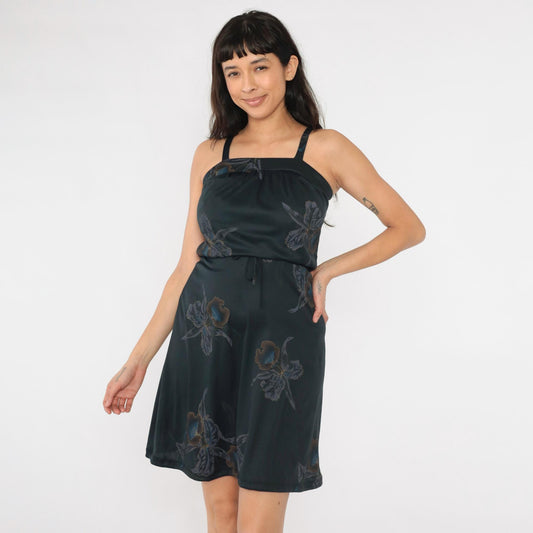 70s Black Floral Mini Dress Gold Metallic Tropical Sundress Tank Extra Small XS