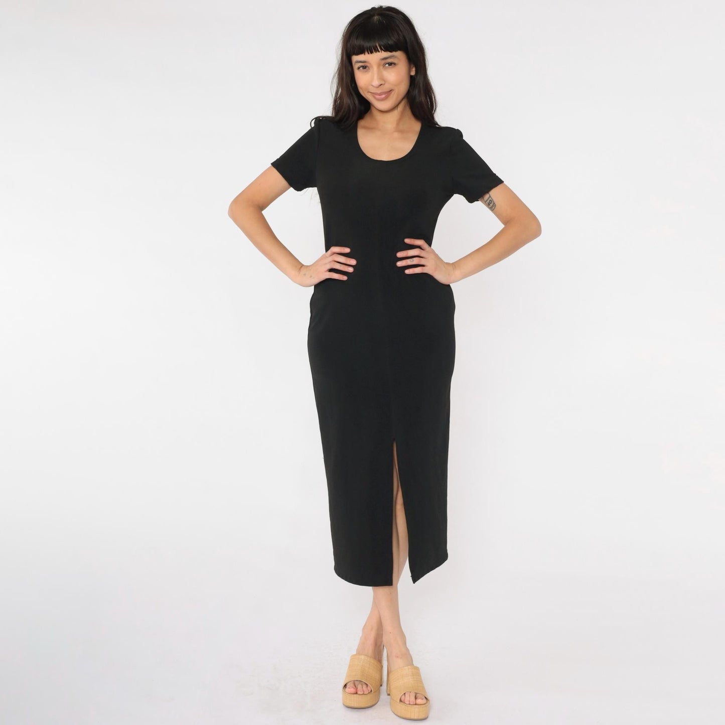 90s Black Bodycon Midi Dress Front Slit Scoop Neck Short Sleeve Medium