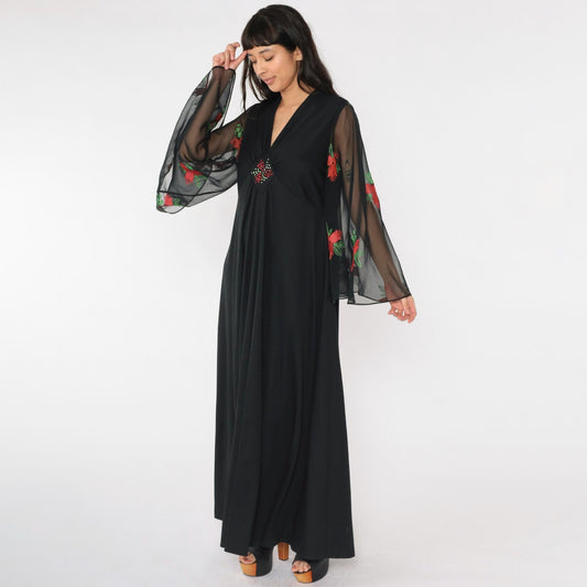 70s Black Maxi Dress Angel Sleeve Floral Embroidered Empire Waist Large