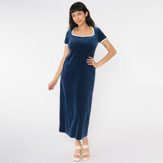70s Navy Velour Maxi Lounge Dress Cream Trim Scoop Neck Medium M