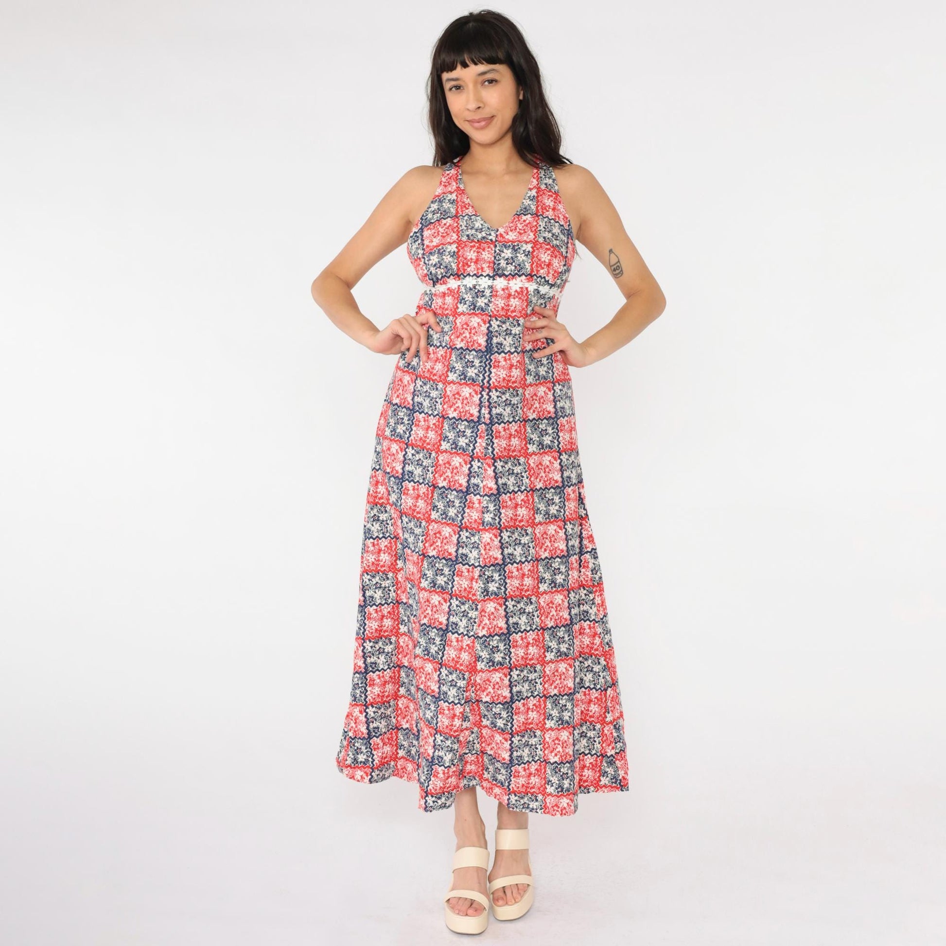 70s Patchwork Floral Maxi Halter Dress Red White Blue Empire Waist Small
