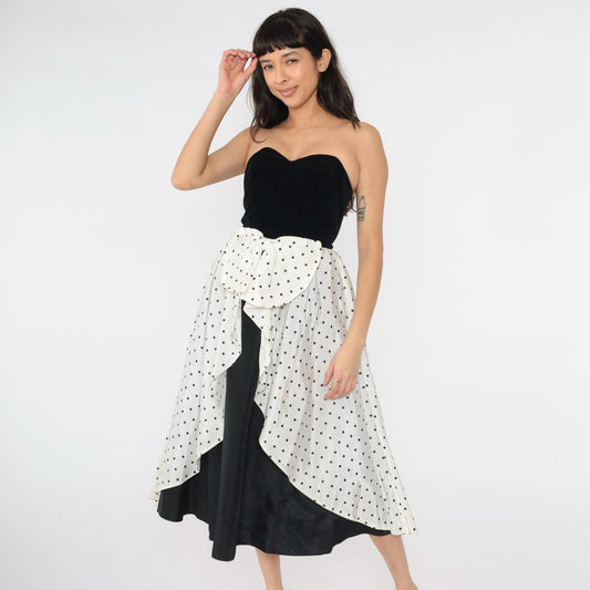 80s Yessica Strapless Velvet Polka Dot Midi Dress Sweetheart Neckline Black White Bow Extra Small