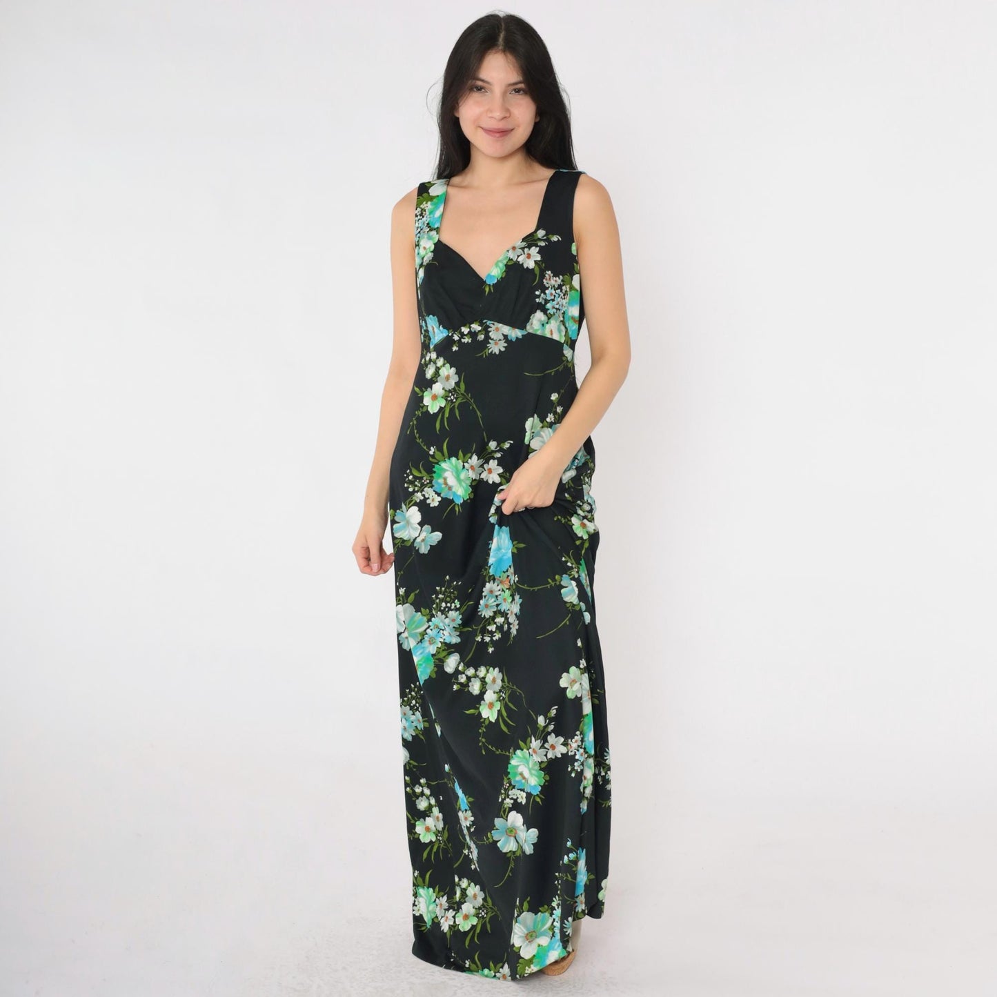 70s Black Floral Maxi Dress Empire Waist Sleeveless Sweetheart Neckline Medium