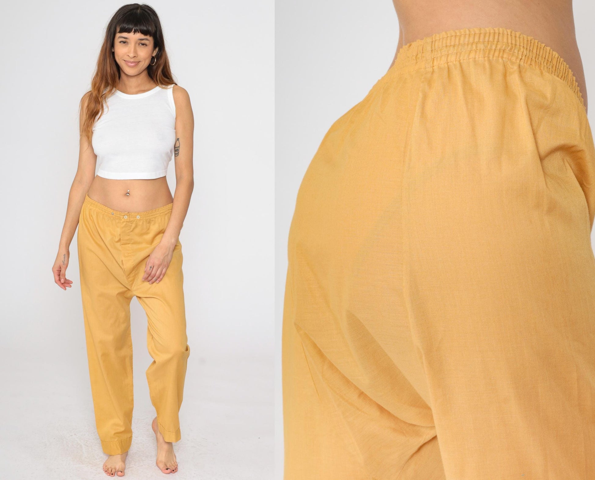 70s Mustard Yellow Pajama Pants Snap Waist Straight Leg Large L