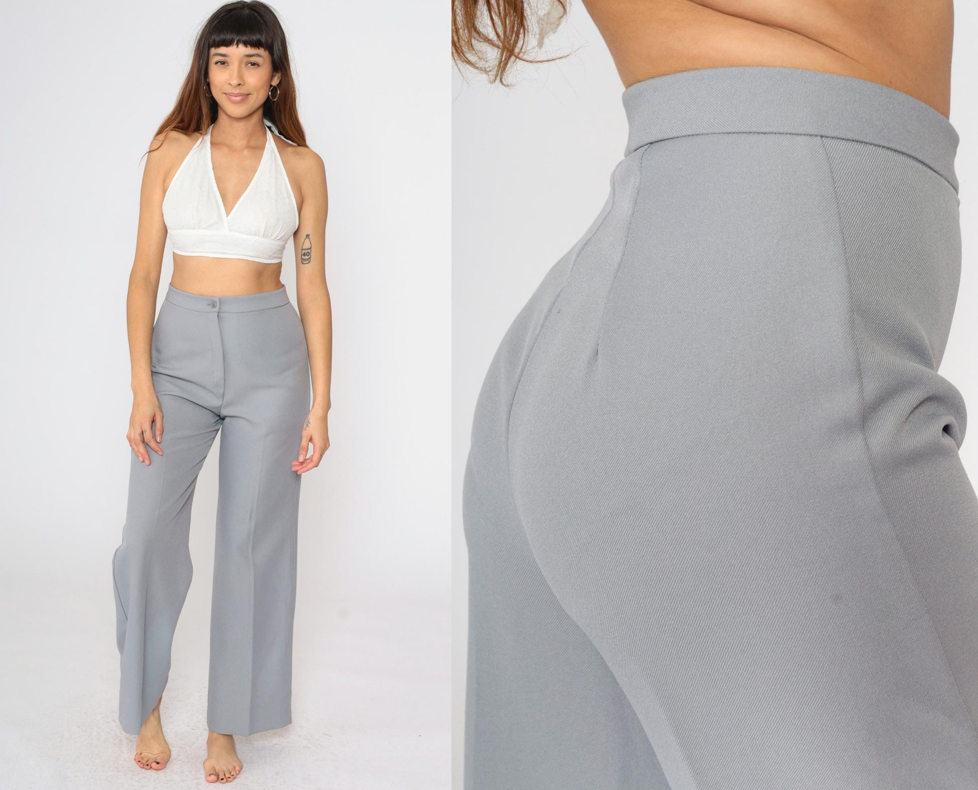 70s Grey Polyester High-Waist Wide-Leg Trousers Small S