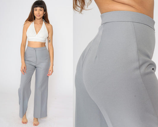 70s Grey Polyester High-Waist Wide-Leg Trousers Small S