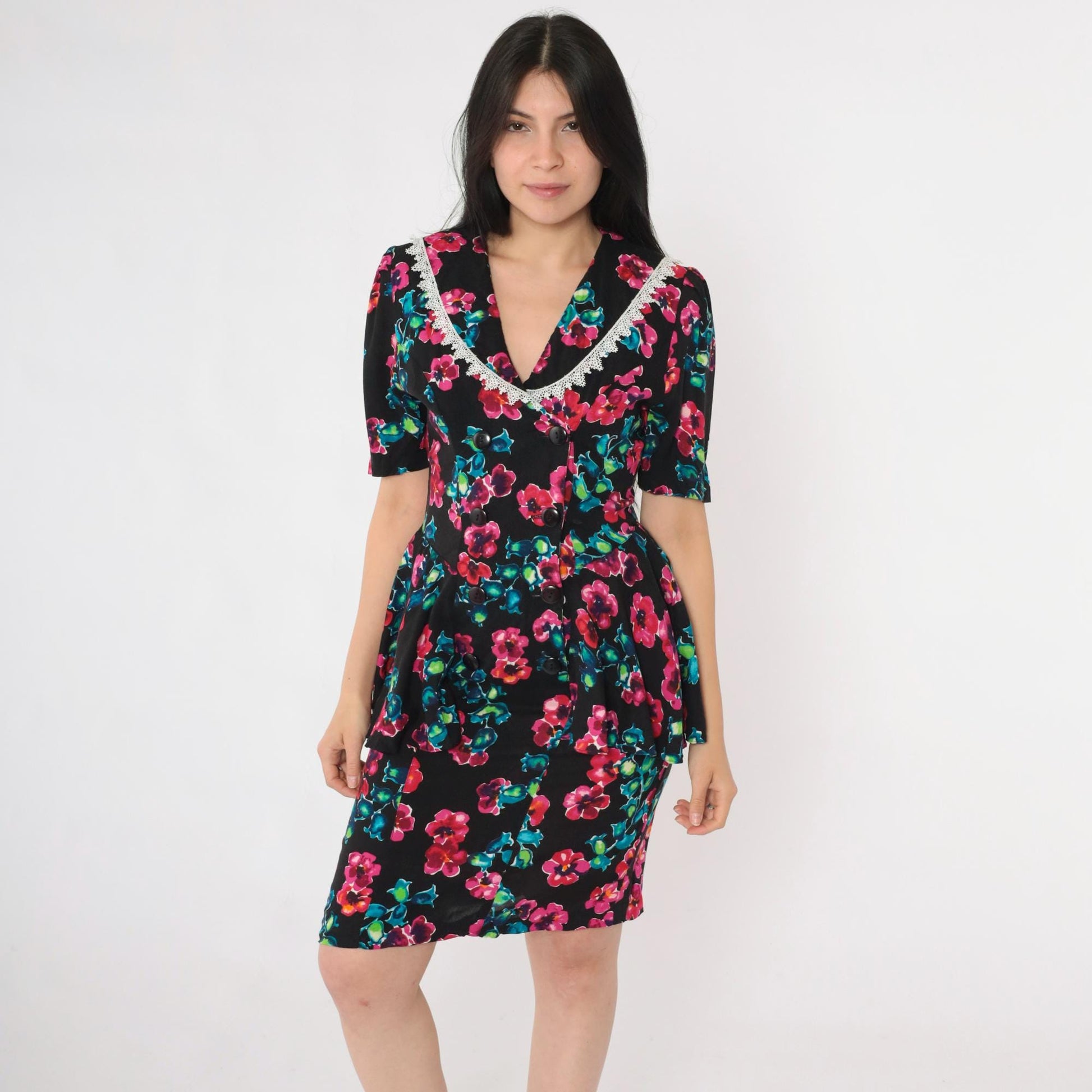 80s Milarzo Floral Peplum Mini Dress Black Double Breasted Puff Sleeve Small