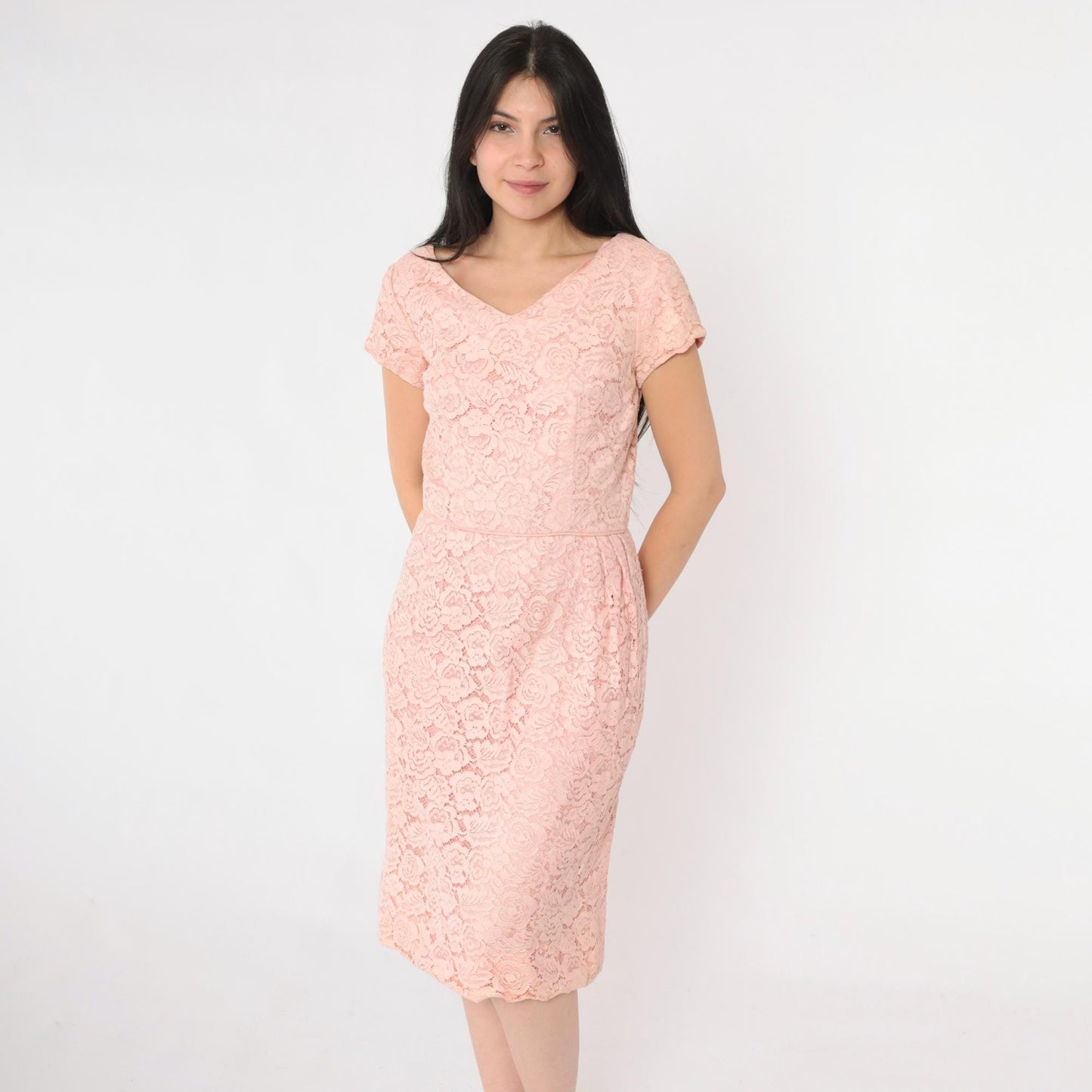 1960s Pink Lace Cocktail Dress V Neck High Waist Knee Length Small