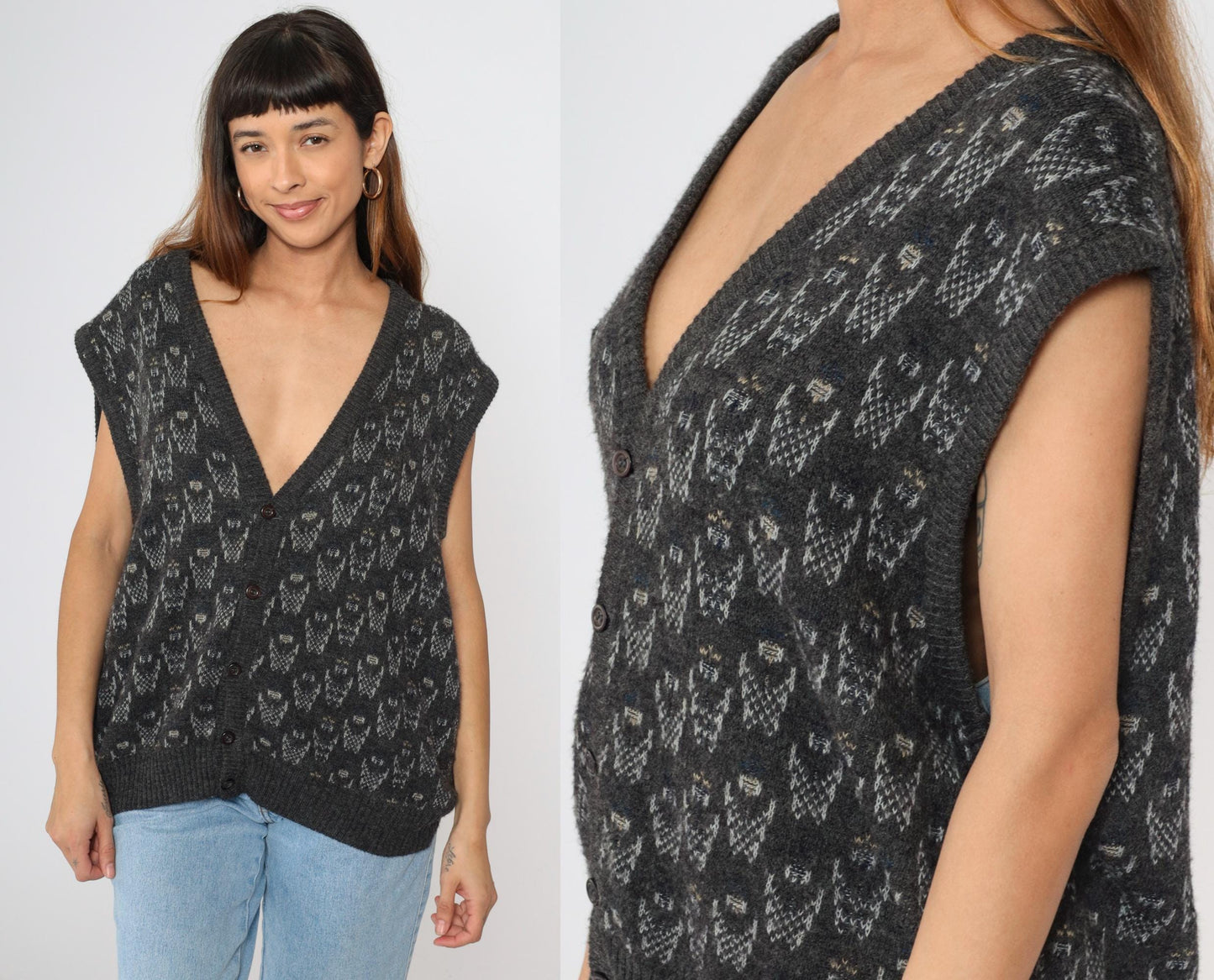 90s Paolo Conti Geometric Knit Vest Grey V-Neck Button Front Large