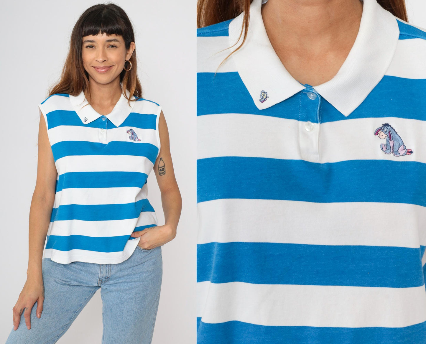 Disney Eeyore Polo Tank Top Blue Striped Embroidered Cotton Extra Large