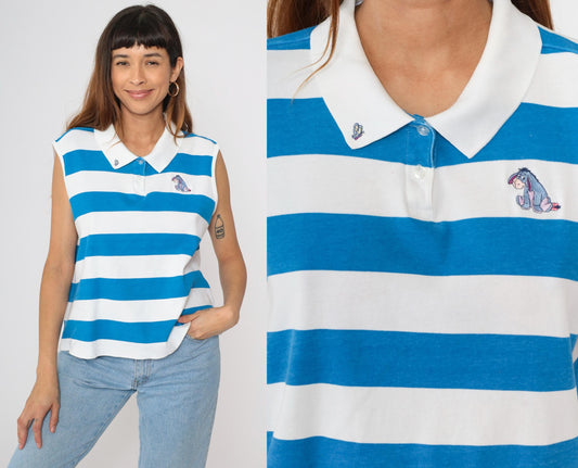 Disney Eeyore Polo Tank Top Blue Striped Embroidered Cotton Extra Large
