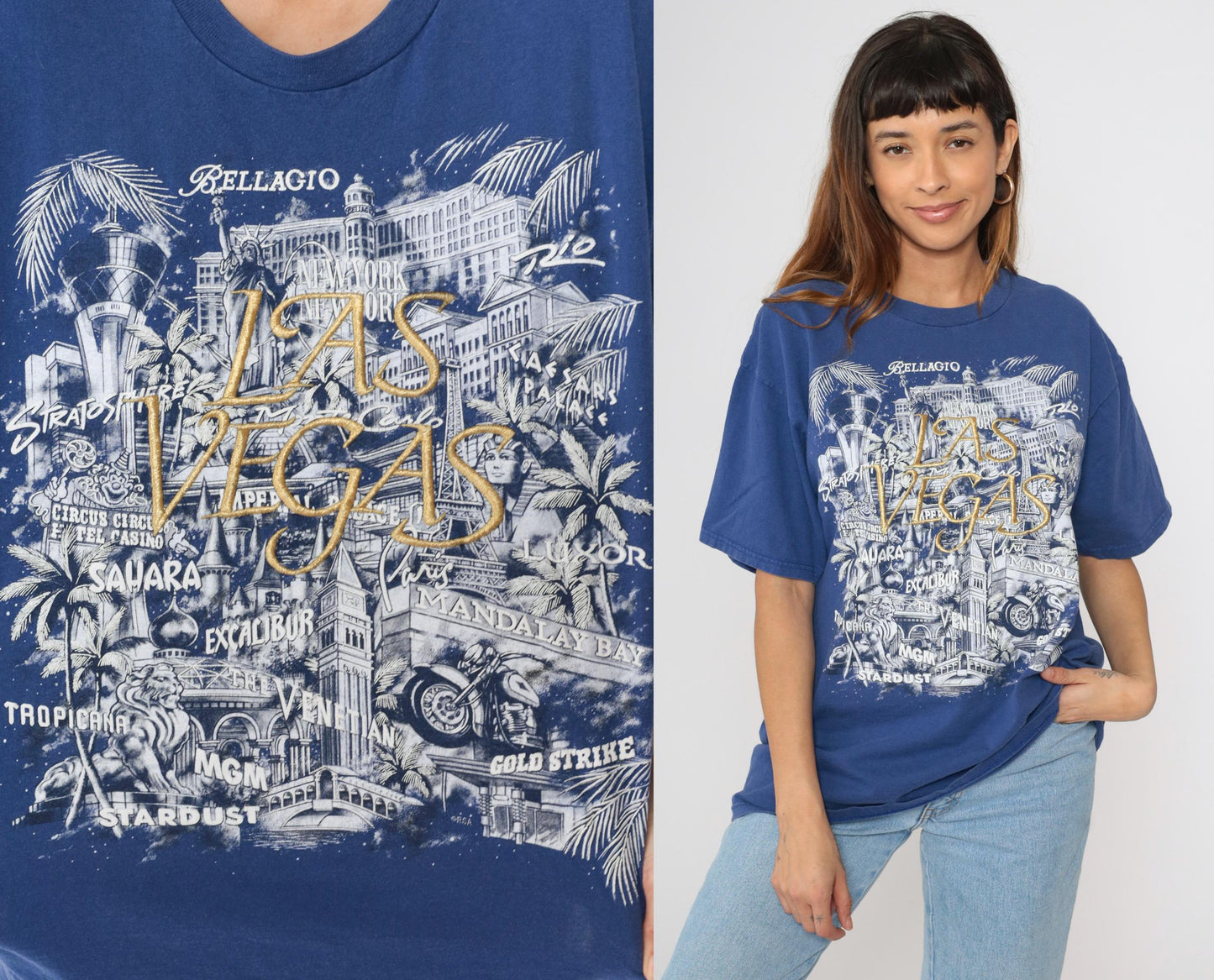 90s Las Vegas Strip Embroidered Graphic T-Shirt Blue Cotton Crewneck Extra Large XL
