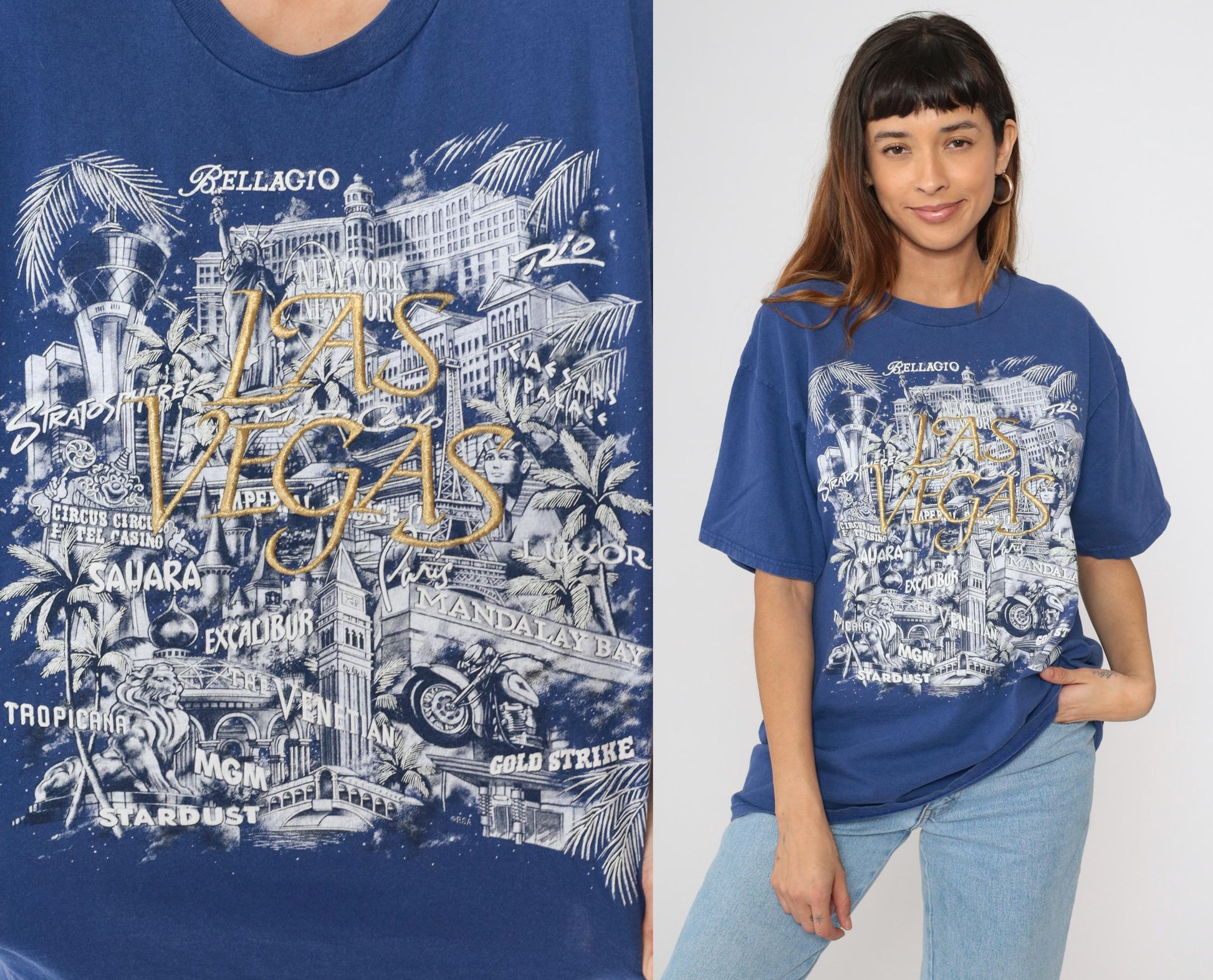 90s Las Vegas Strip Embroidered Graphic T-Shirt Blue Cotton Crewneck Extra Large XL