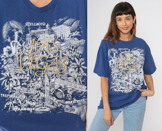 90s Las Vegas Strip Embroidered Graphic T-Shirt Blue Cotton Crewneck Extra Large XL