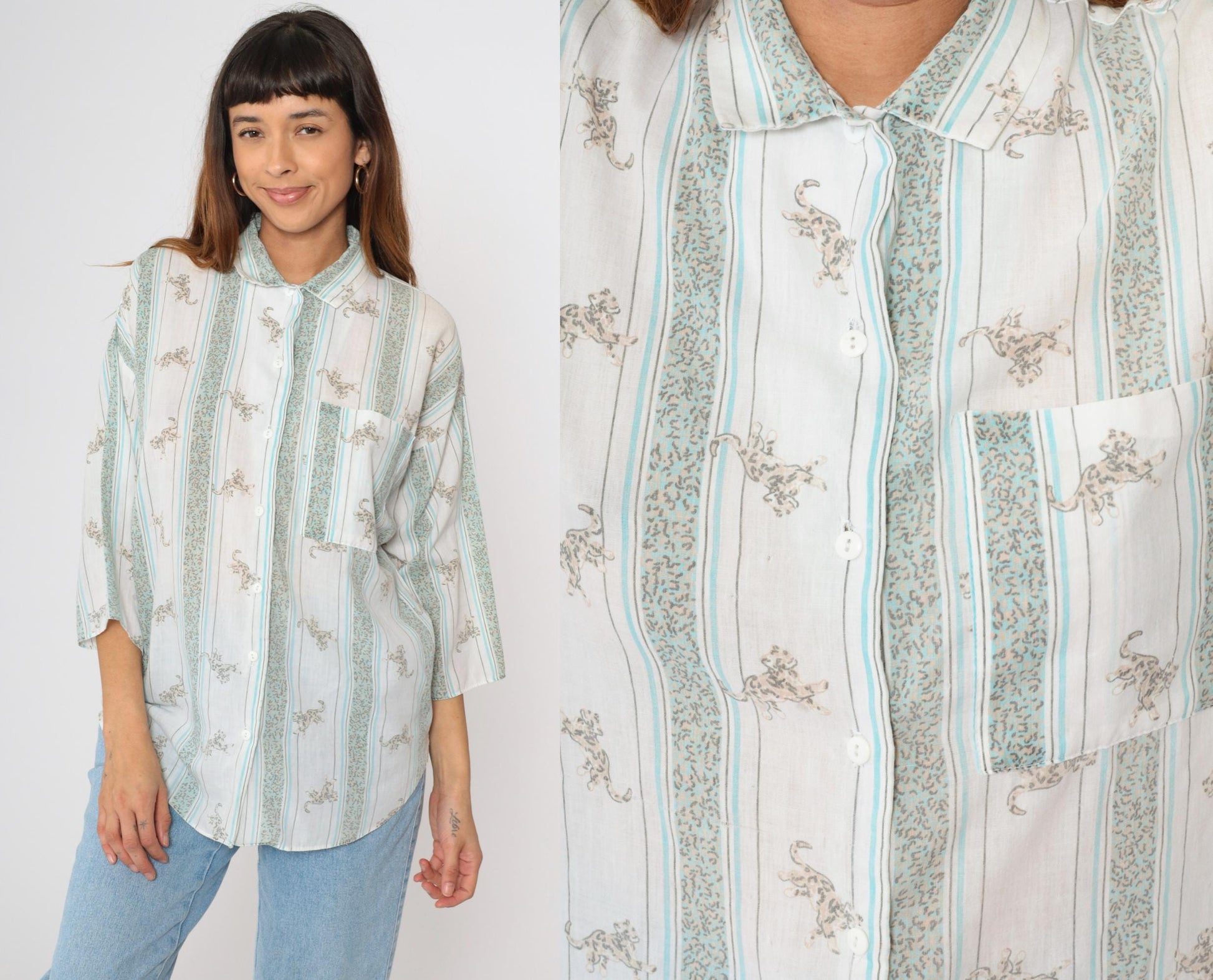 80s Leopard Striped Button-Up Blouse White Blue 3/4 Sleeve Large