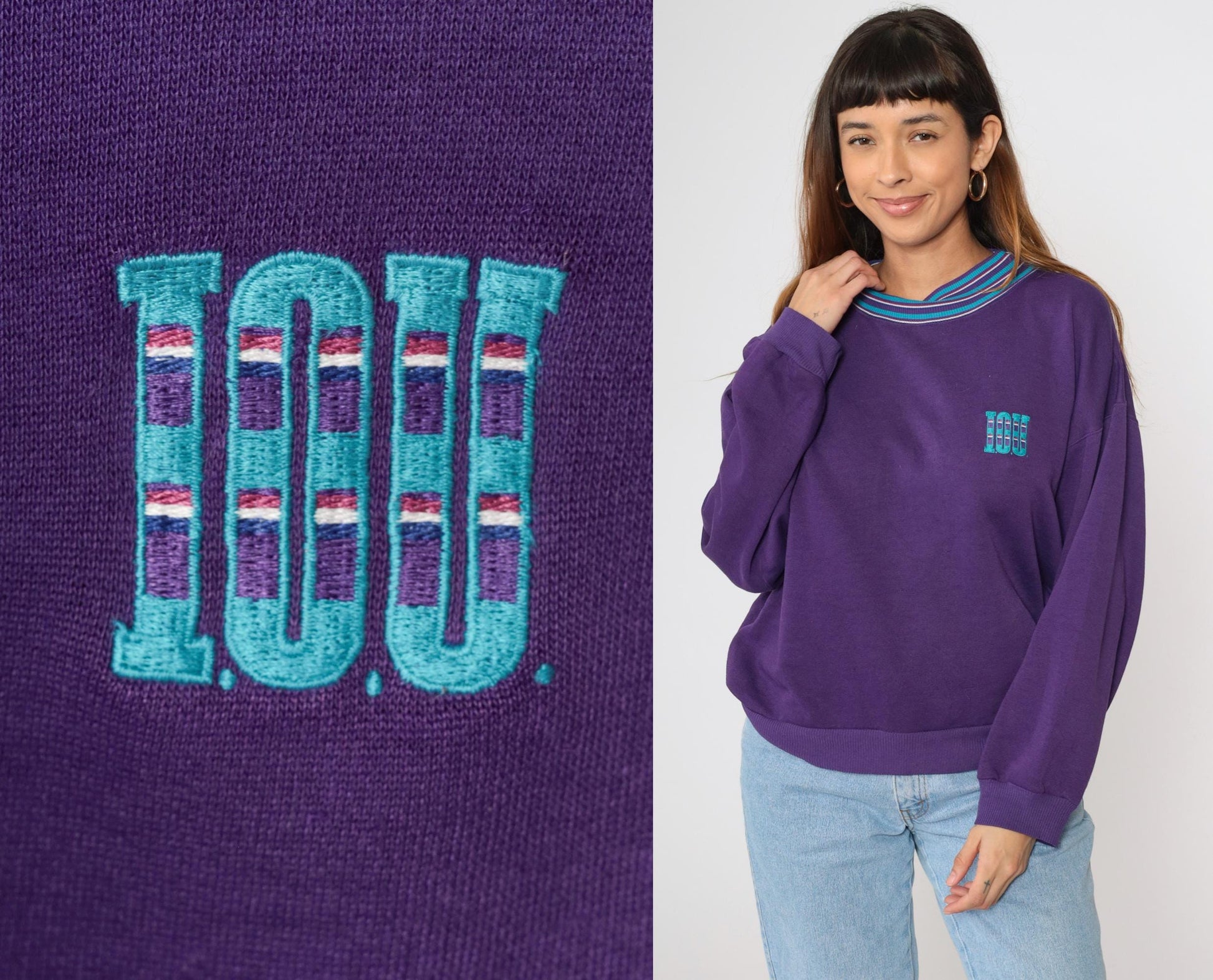 90s I.O.U. Spellout Sweatshirt Purple Striped Collar Graphic Pullover Large