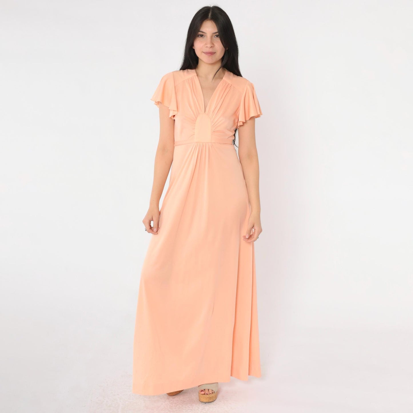 70s Peach Grecian Maxi Dress Flutter Sleeve V-Neck High Waist Small