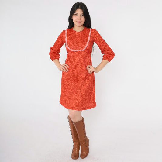 70s Red Calico Floral Empire Waist Mini Dress Lace Bib 3/4 Sleeve Extra Small