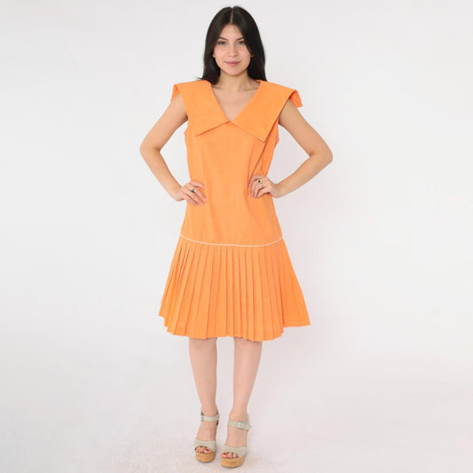 60s Mod Scooter Dress Orange Sailor Collar Drop Waist Pleated Knee Small