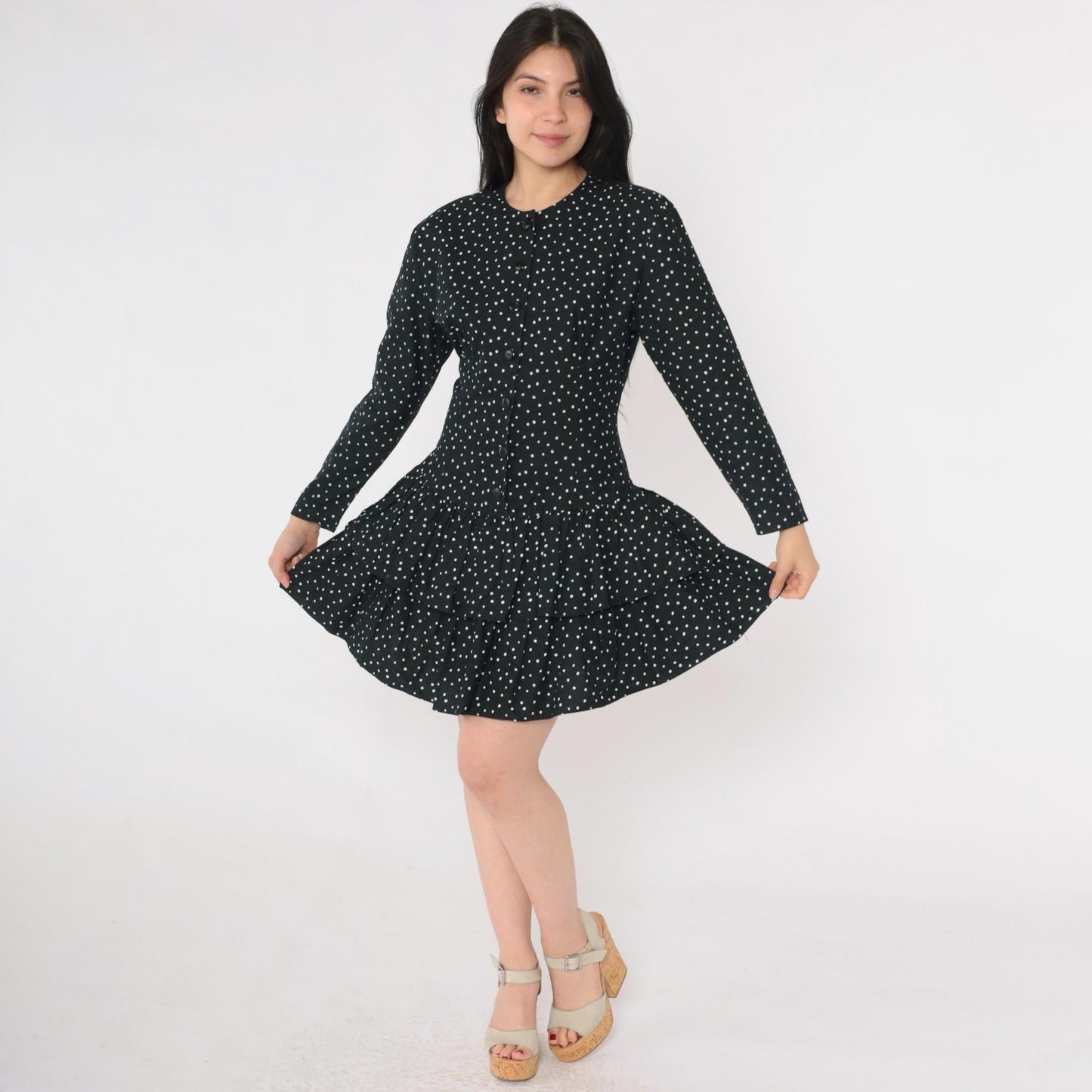 80s Black Polka Dot Mini Dress Button-Up Long Sleeve Tiered Ruffle Small