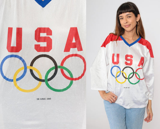 80s USA Mesh Hockey Jersey White Red Blue Block Lettering Medium