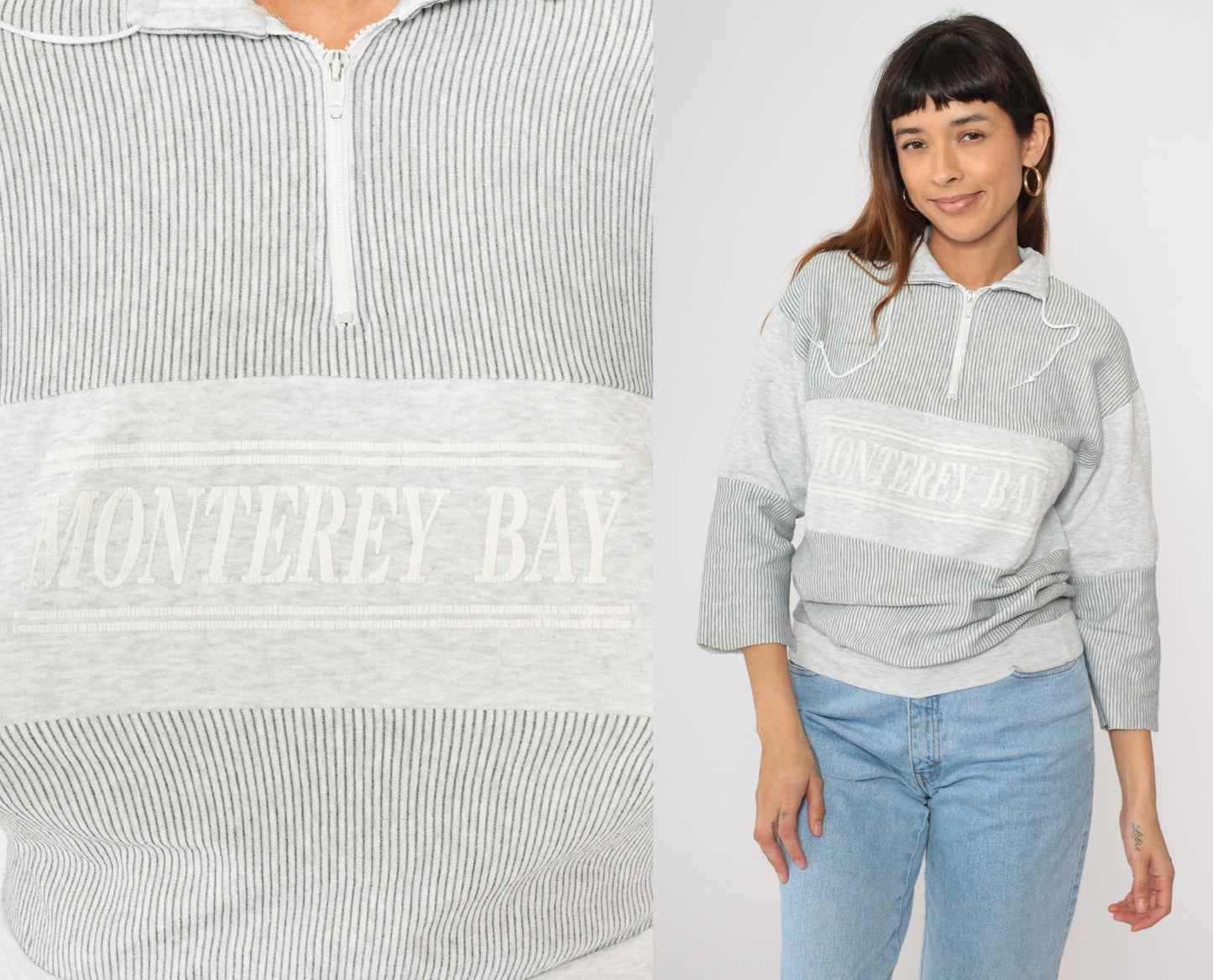 90s Monterey Bay Sweatshirt Grey Striped Quarter Zip Pullover Medium