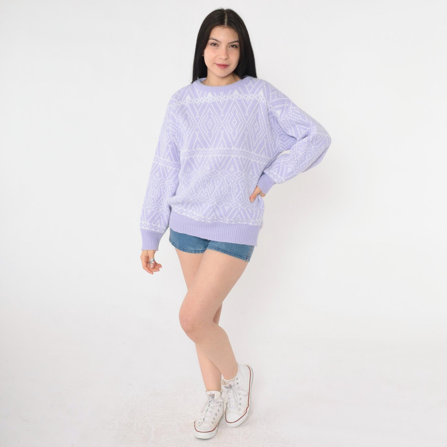 80s Lavender Diamond Geometric Knit Sweater Crewneck Pullover Medium Large