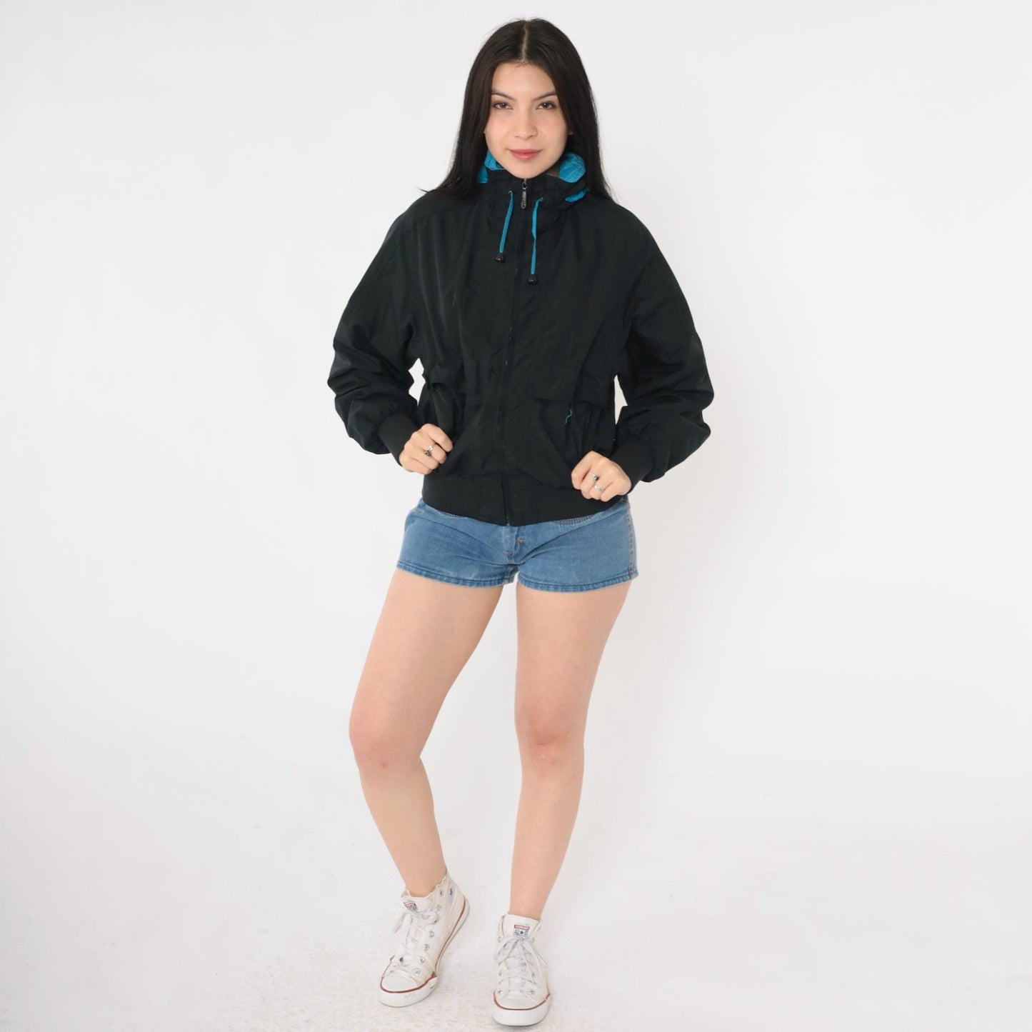 80s Pacific Trail Black Hooded Windbreaker Jacket Blue Trim Extra Small