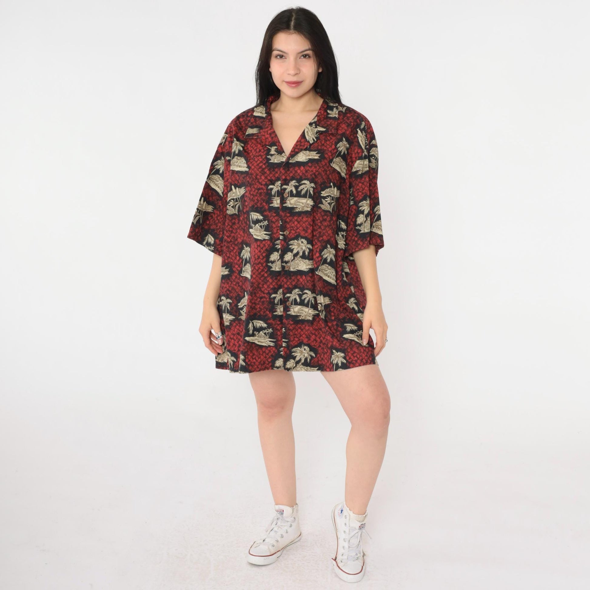 90s Aloha Line Hawaiian Shirt Red Palm Tree Print Button Up XXL