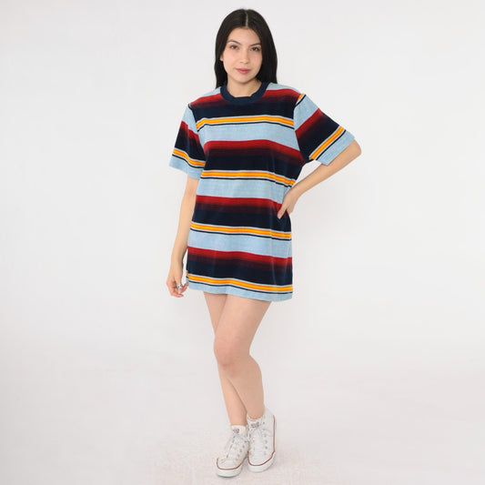 80s Baby Blue Velour Ringer Tee Multicolor Striped Crewneck Medium M