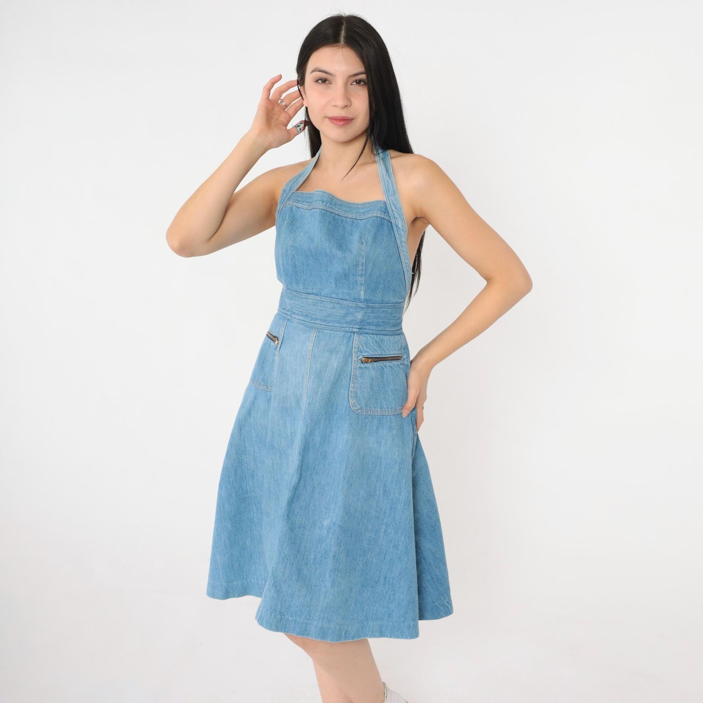 70s Denim Halter Dress Light Wash Backless Apron Front Midi Knee Length XS