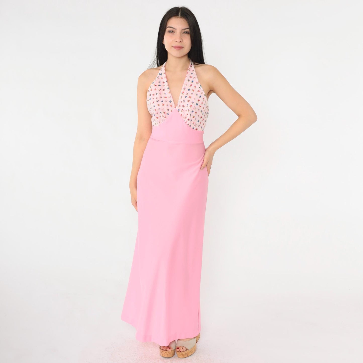 70s Pink Floral Halter Maxi Dress Empire Waist Open Back Extra Small