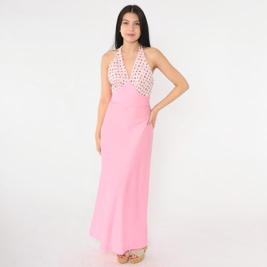 70s Pink Floral Halter Maxi Dress Empire Waist Open Back Extra Small