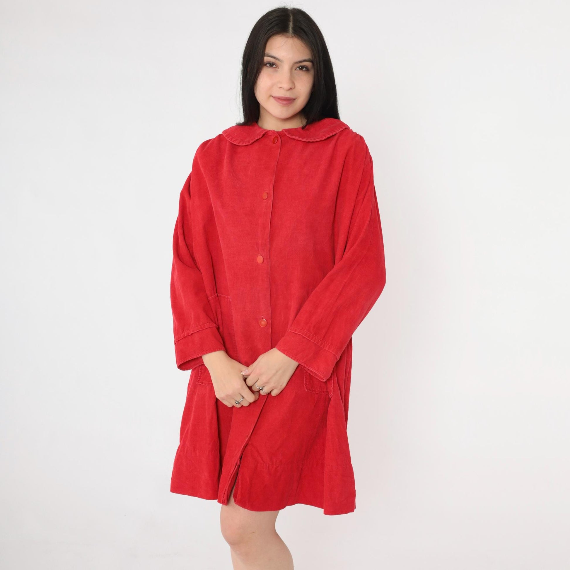 60s Red Corduroy Mini Dress Peter Pan Collar Button Front Shift Medium