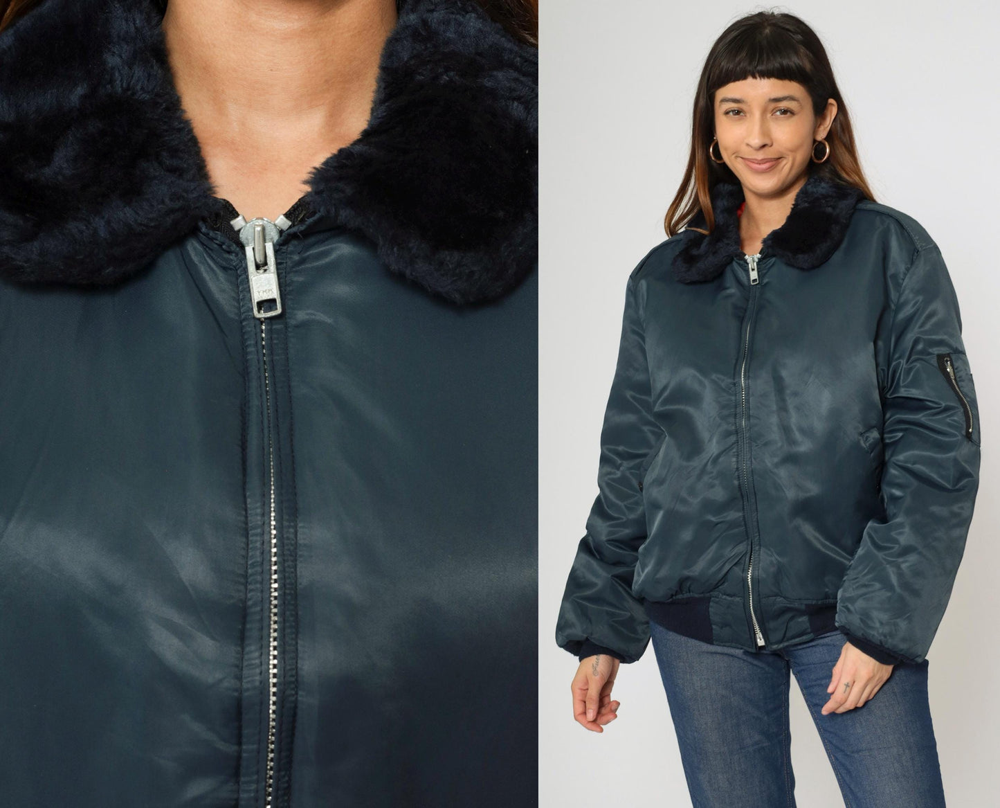 90s Dickies Navy Bomber Jacket Faux Fur Collar Quilted Lining Large L