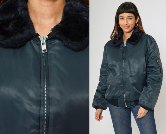 90s Dickies Navy Bomber Jacket Faux Fur Collar Quilted Lining Large L