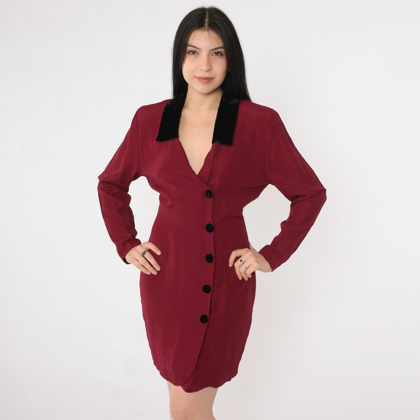 90s Burgundy Velvet Collar Mini Dress Button-Up Sheath Long Sleeve Small