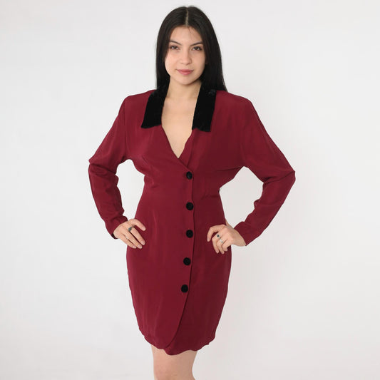90s Burgundy Velvet Collar Mini Dress Button-Up Sheath Long Sleeve Small