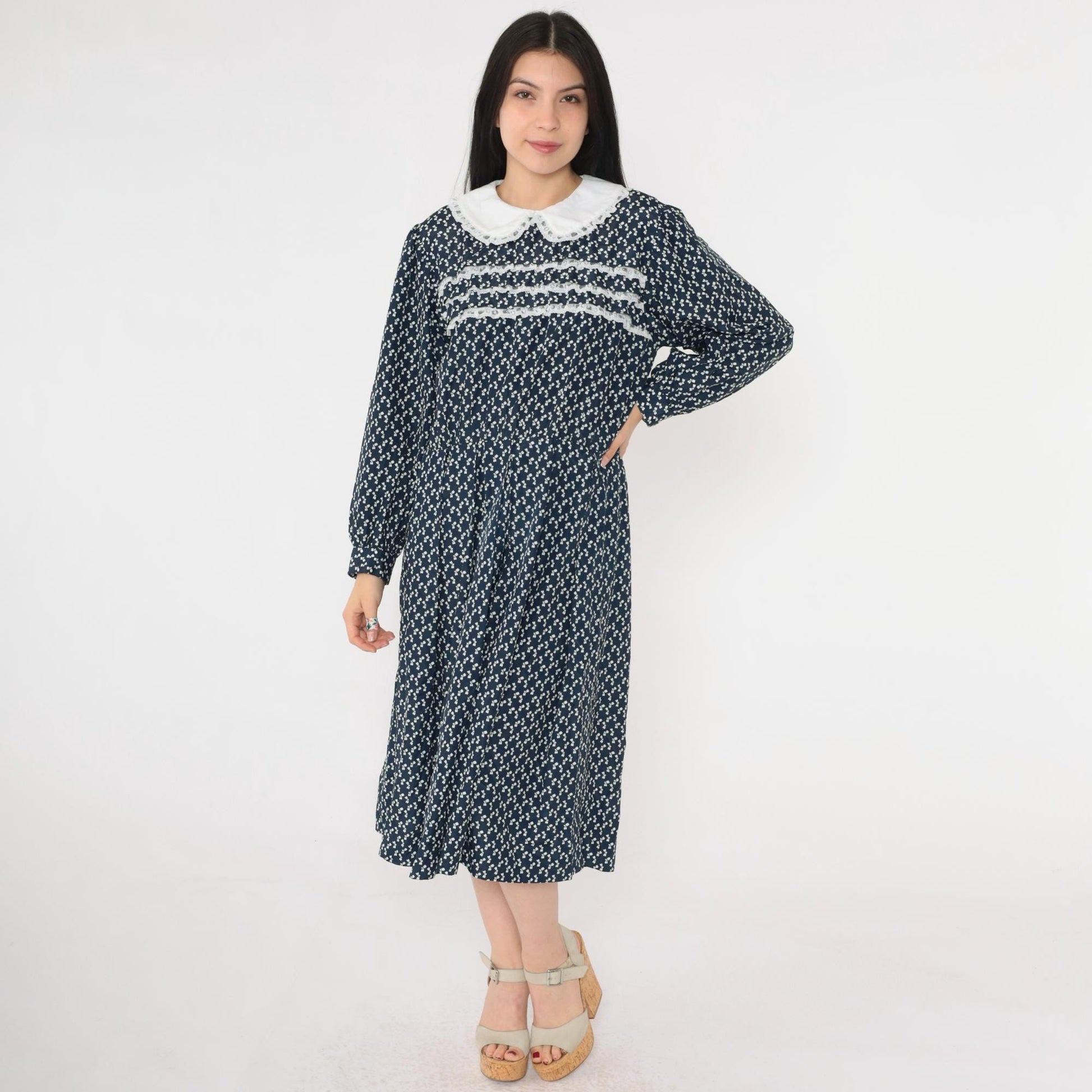 80s Navy Bow Print Midi Dress Peter Pan Collar Lace Trim Long Sleeve Medium Large