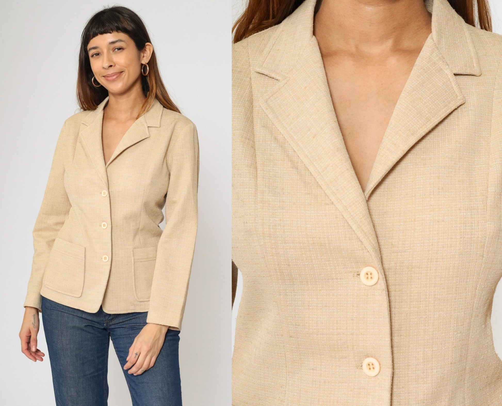 70s Beige Polyester Blazer Button-Up Jacket Deep V Neck Small