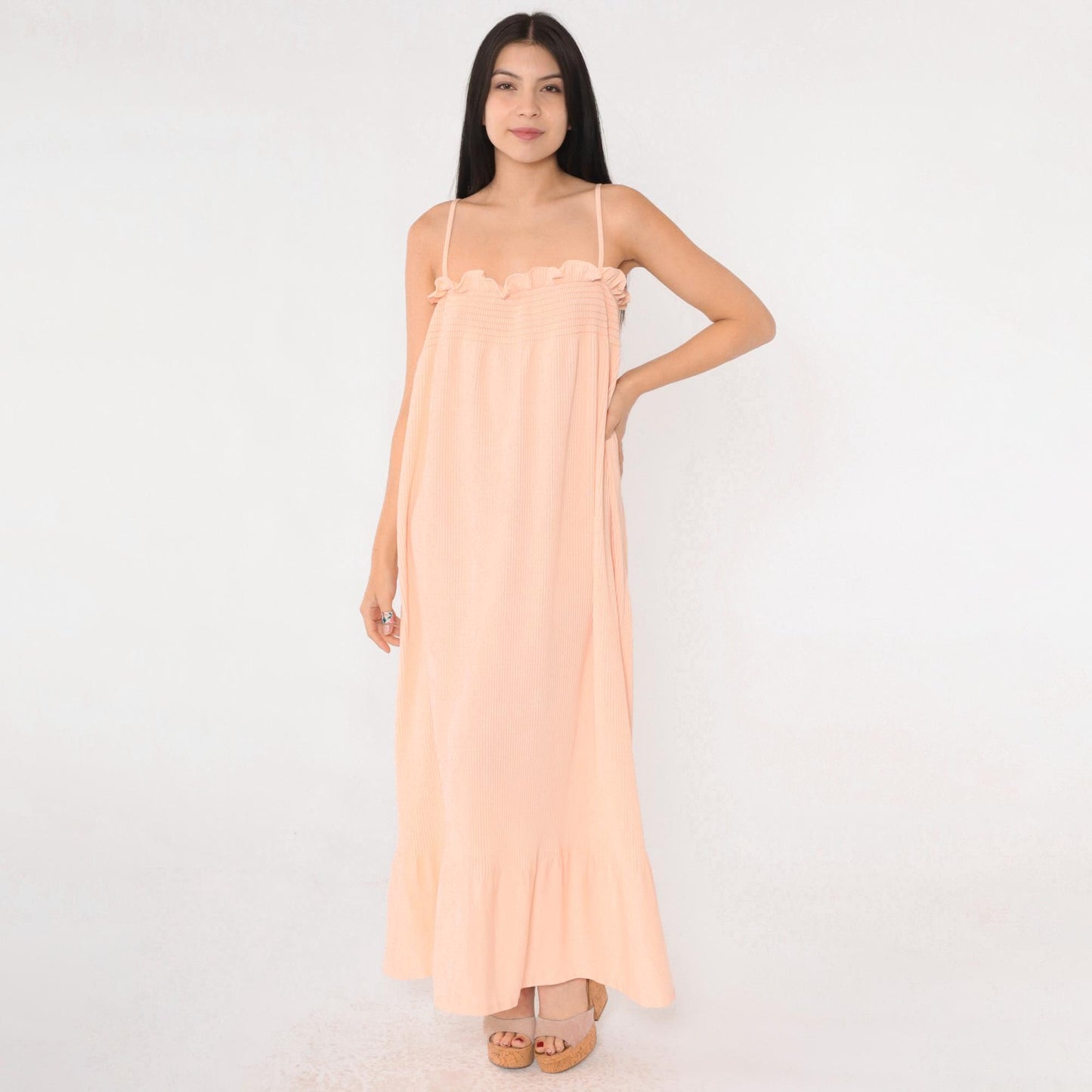 70s Peach Maxi Sundress Smocked Knife Pleated Spaghetti Strap Small Medium