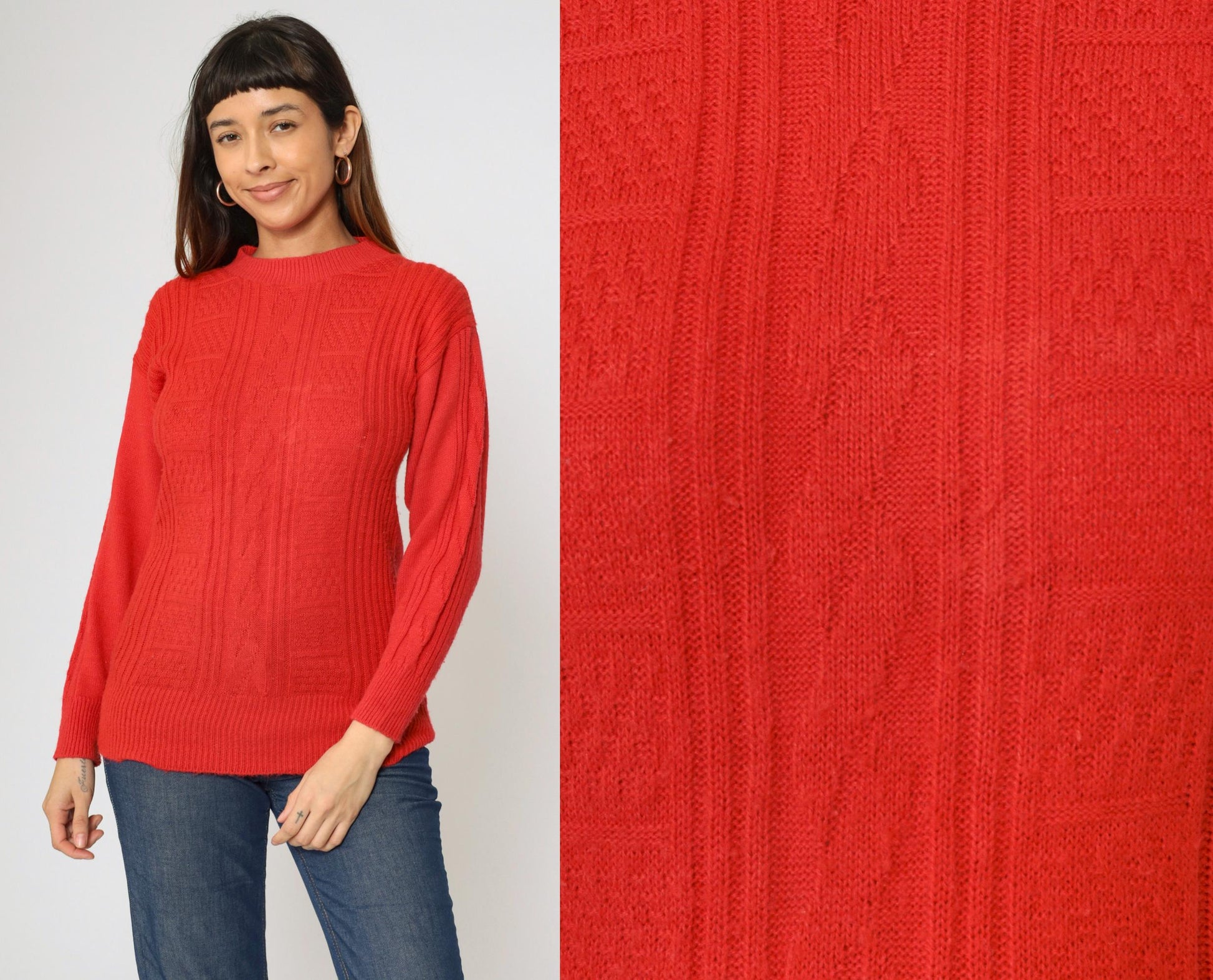 80s Cable Knit Sweater Red Textured Pullover Crewneck Extra Small