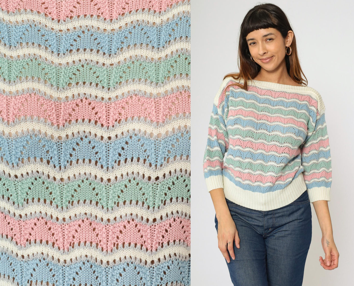 80s Bellocco Pastel Striped Pointelle Sweater Boatneck Knit Medium