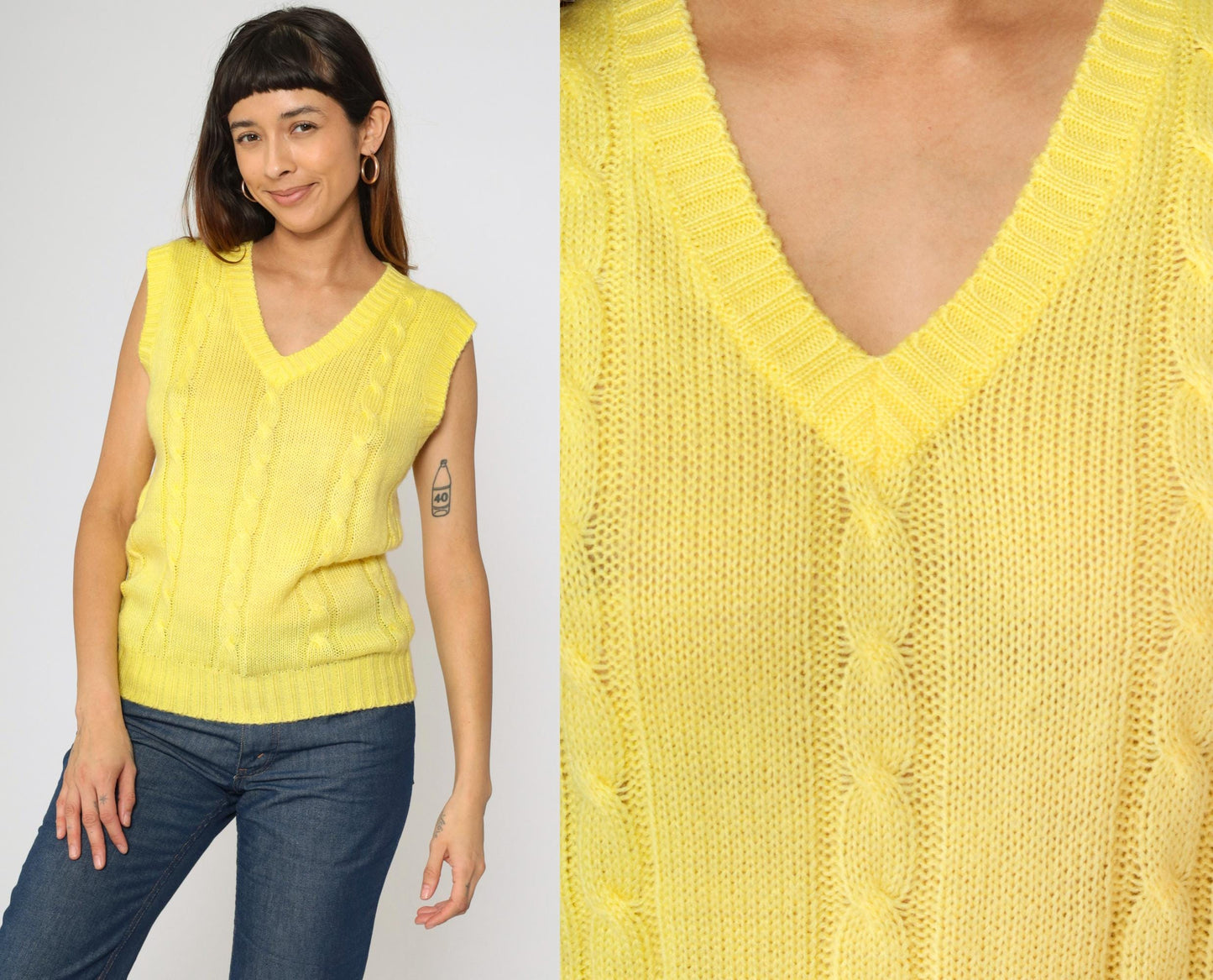 80s Yellow Cable Knit Sweater Vest V Neck Sleeveless Pullover Extra Small