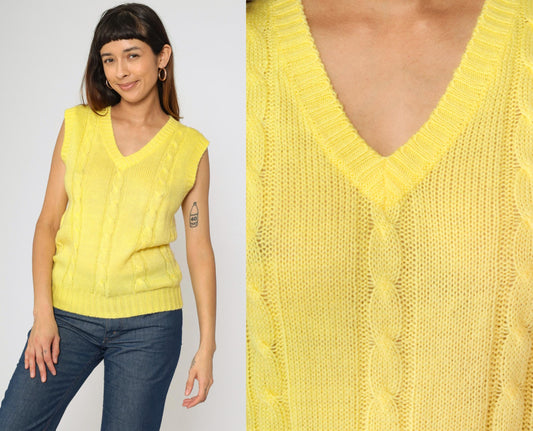 80s Yellow Cable Knit Sweater Vest V Neck Sleeveless Pullover Extra Small