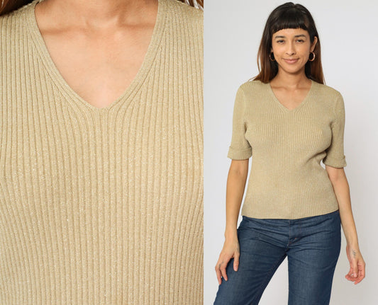 90s Kathie Lee Gold Sparkly Knit Top Short Sleeve V Neck Medium