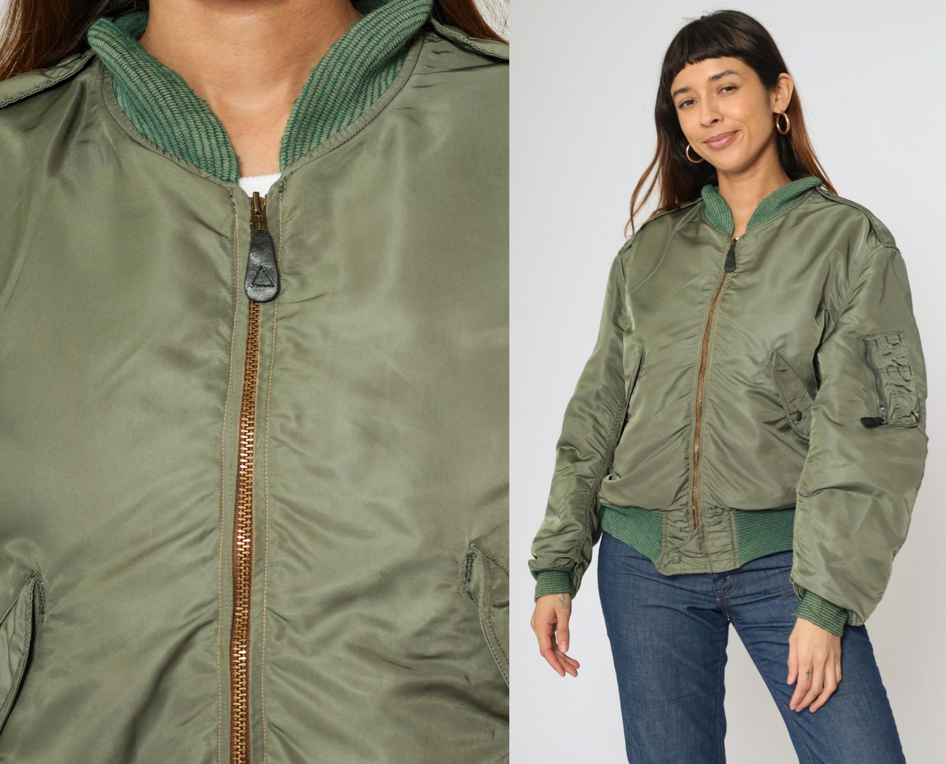 1960s USAF MA-1 Flight Jacket Alpha Industries Sage Green Orange Lined Large